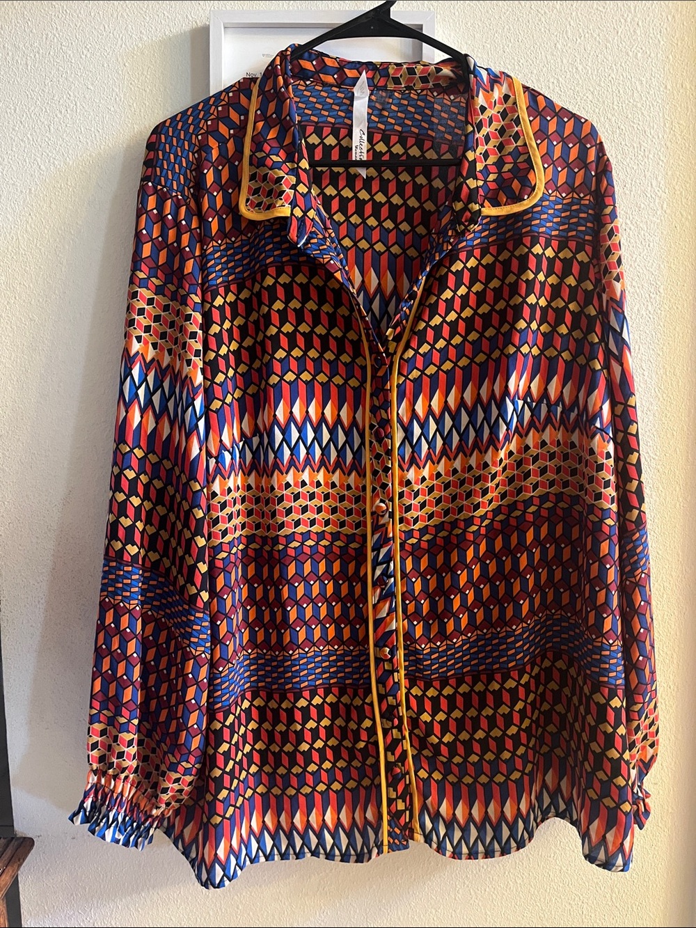 NY Collection Multicolor Geometric Button-Down Shirt - Red, Blue, Yellow